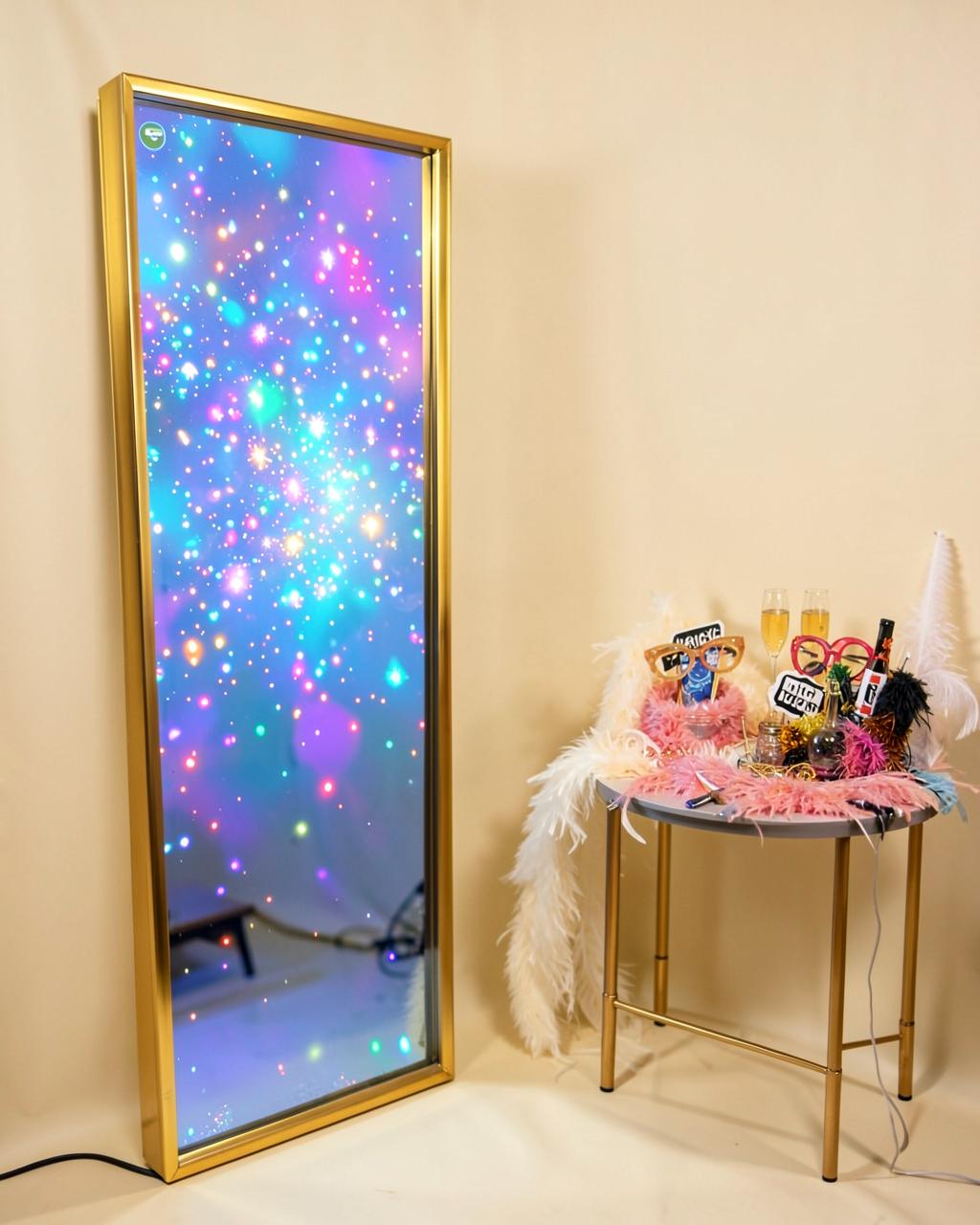 Full-size interactive Magic Mirror photo booth with gold frame